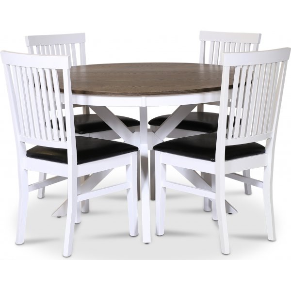 Skagen elintarvikeryhm; pyre ruokapyt 120 cm - Valkoinen/ruskea ljytty tammi ja 4 Fr-tuolia (selknojat) mustalla PU-is