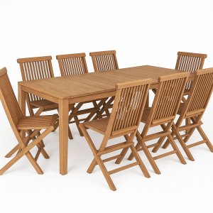 Ulkokalusteryhmä; 8 tuolia ja ruokapöytä 210 x 90 cm massiivitiikkiä - Saltö Ulkokalusteryhmä; 8 tuolia ja ruokapöytä 210 x 90 cm massiivitiikkiä - Saltö