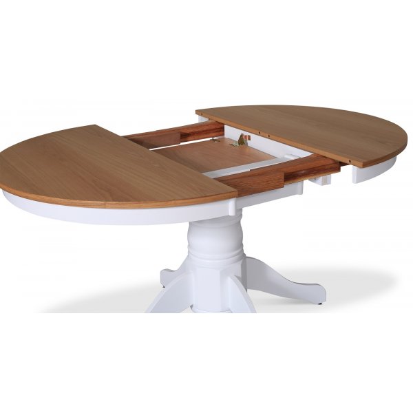 Pyöreä ruokapöytä, jatkettava Ø106-141 cm - Valkoinen / Öljytty tammi + Huonekalujen tekstiilien puhdistus Pyöreä ruokapöytä, jatkettava Ø106-141 cm - Valkoinen / Öljytty tammi + Huonekalujen tekstiilien puhdistus