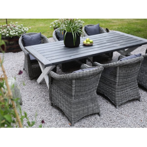 Oxfordin ulkoruokailuryhm; harmaa/valkoinen pyt 220 cm sis. 6 Mercury-nojatuolit harmaa synteettinen rottinki