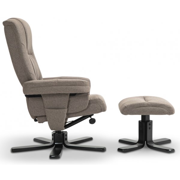 Oslon lepotuoli jakkaralla tummaa beigeä kangasta Oslon lepotuoli jakkaralla tummaa beigeä kangasta