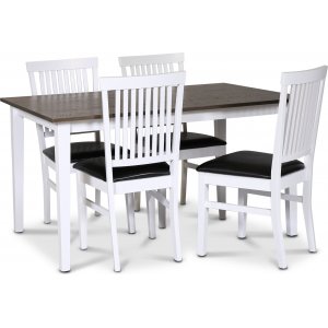 Skagen elintarvikeryhmä; klassinen ruokapöytä 140x90 cm - Valkoinen/ruskea öljytty tammi ja 4 Fårö-tuolia (selkänojat) mustalla Skagen elintarvikeryhmä; klassinen ruokapöytä 140x90 cm - Valkoinen/ruskea öljytty tammi ja 4 Fårö-tuolia (selkänojat) mustalla