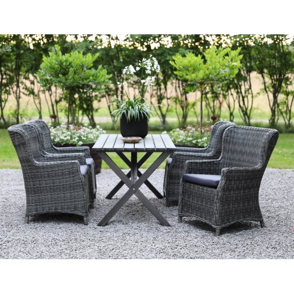 Ruokailuryhm Scottsdale Pyt 150 cm Shabby Chic Grey sislten 4 Jacksonville-nojatuolia harmaata synteettist rottinkia + Huonekalujen tahranpoistoaine