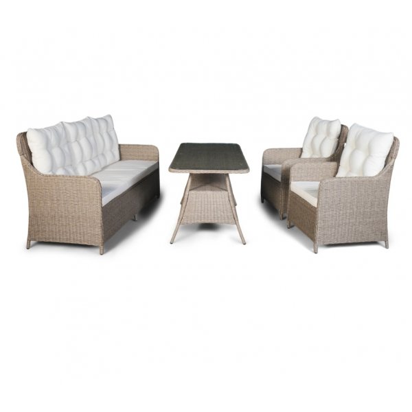 Ljusön ulkoiluryhmä; 3-istuttava sohva pöydällä ja nojatuoleilla - Beige keinorottinki Ljusön ulkoiluryhmä; 3-istuttava sohva pöydällä ja nojatuoleilla - Beige keinorottinki