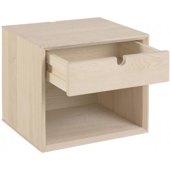 Vuosisadan seinään ripustettava yöpöytä laatikolla valkoista pigmentoitua tammea Vuosisadan seinään ripustettava yöpöytä laatikolla valkoista pigmentoitua tammea