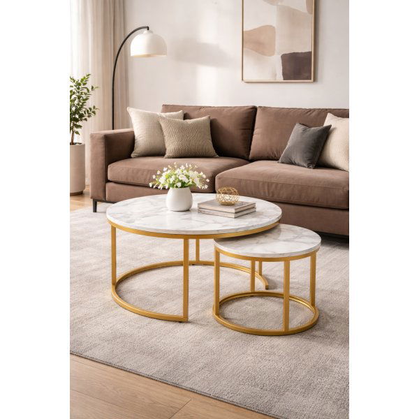 Settipöytä Ø38/60 cm - Valkoinen marmorikuvio / kulta Settipöytä Ø38/60 cm - Valkoinen marmorikuvio / kulta