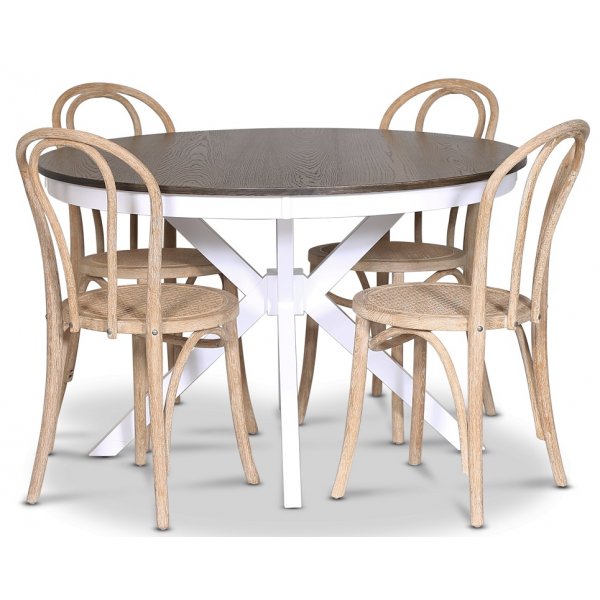 Skagen elintarvikeryhm; pyre ruokapyt 120 cm - Valkoiseksi/ruskeaksi petsattu tammi ja 4 Danderyd No.18 tuolia Whitewash