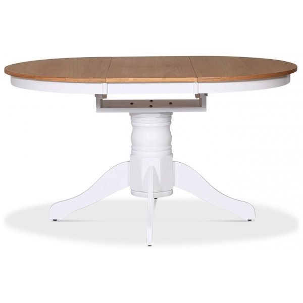 Pyöreä ruokapöytä, jatkettava Ø106-141 cm - Valkoinen / Öljytty tammi + Huonekalujen tekstiilien puhdistus Pyöreä ruokapöytä, jatkettava Ø106-141 cm - Valkoinen / Öljytty tammi + Huonekalujen tekstiilien puhdistus