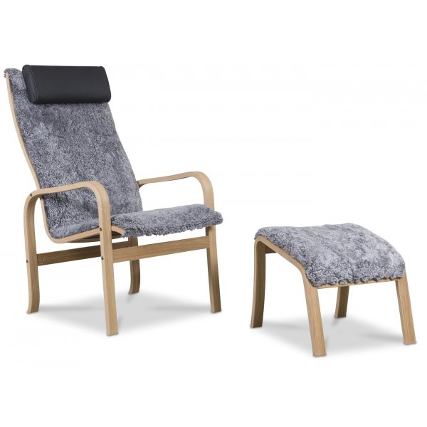 Frank-nojatuoli ja rahi - Harmaata lampaannahkaa / öljytty tammi Frank-nojatuoli ja rahi - Harmaata lampaannahkaa / öljytty tammi