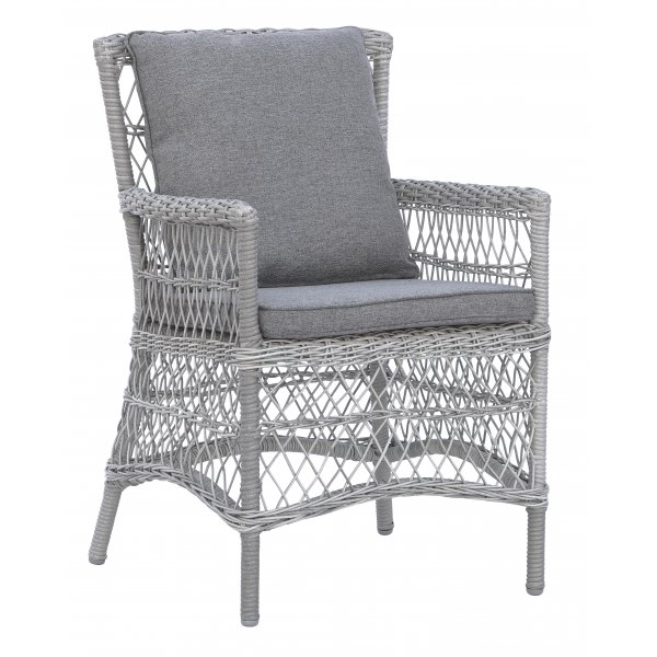 Ulkoruokailutuoli harmaasta rottingista tyynyllä Ulkoruokailutuoli harmaasta rottingista tyynyllä