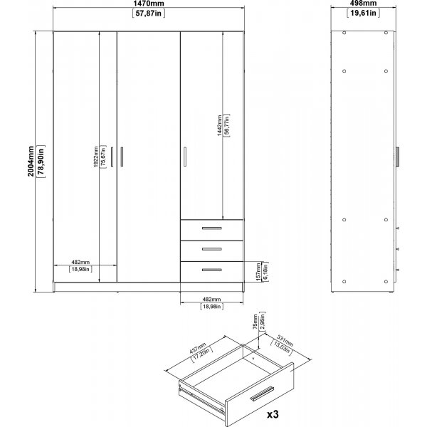 Sprint-vaatekaappi, 3 ovea ja 3 laatikkoa - Hickory Sprint-vaatekaappi, 3 ovea ja 3 laatikkoa - Hickory