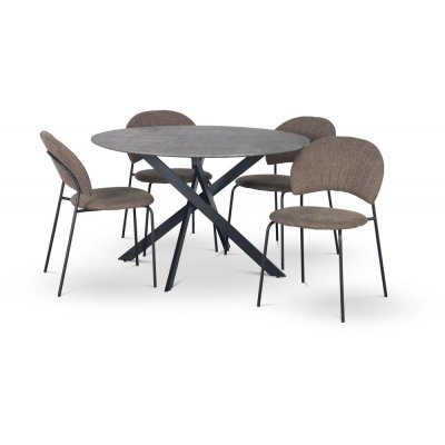 Hogrän ruokailuryhmä Ø120 cm pöytä jäljitelmäbetonia + 4 Hogrän ruskeaa tuolia