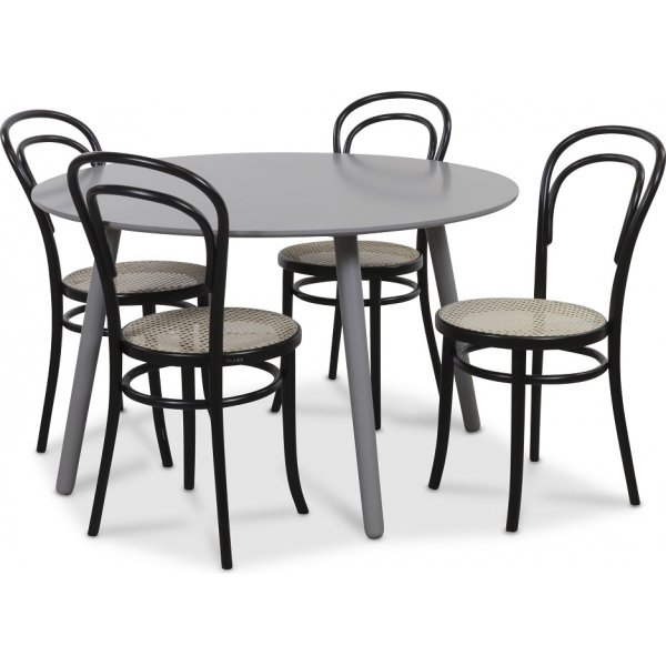 Rosvik-ruokailuryhm, pyre harmaa pyt + 4 kpl Thonet-tuolia - Harmaa / Musta