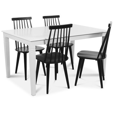 Mellby ruokailuryhmä 140 cm pöytä ja 4 mustaa Dalsland tappituolia - valkoinen/musta