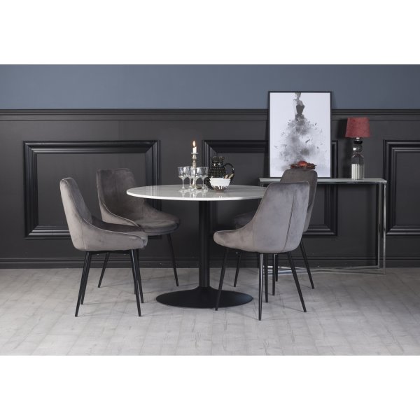 Plaza-ruokailuryhmä, marmoripöytä ja 4 kpl Theo-samettituolia - Harmaa/Valkoinen/Musta + 2.00 x Huonekalujen jalat Plaza-ruokailuryhmä, marmoripöytä ja 4 kpl Theo-samettituolia - Harmaa/Valkoinen/Musta + 2.00 x Huonekalujen jalat