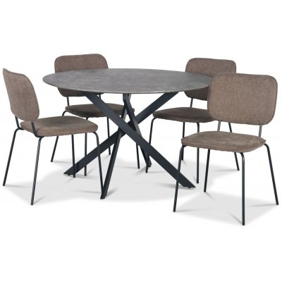 Hogrän ruokailuryhmä Ø120 cm betonijäljitelmäpöytä + 4 Lokrume ruskeaa tuolia