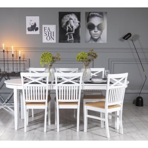 Gåsö ruokaryhmä: Pöytä 160/210 cm sisältäen 6 Fårö tuolia ristillä - Valkoinen/tammi Gåsö ruokaryhmä: Pöytä 160/210 cm sisältäen 6 Fårö tuolia ristillä - Valkoinen/tammi