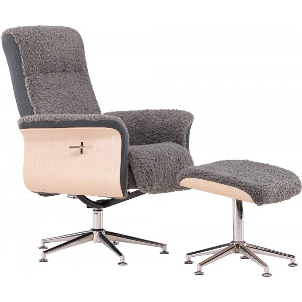 Nojatuoli jalkarahilla - Harmaa lampaannahkajljitelm/valkoiseksi maalattu tammi + Huonekalujen tekstiilien puhdistus