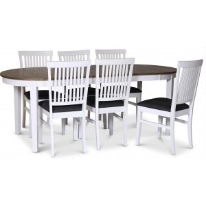Skagen elintarvikeryhmä; ruokapöytä 160/210x90 cm - Valkoinen/ruskea öljytty tammi ja 6 Fårö-tuolia harmaalla kangasistuimella Skagen elintarvikeryhmä; ruokapöytä 160/210x90 cm - Valkoinen/ruskea öljytty tammi ja 6 Fårö-tuolia harmaalla kangasistuimella