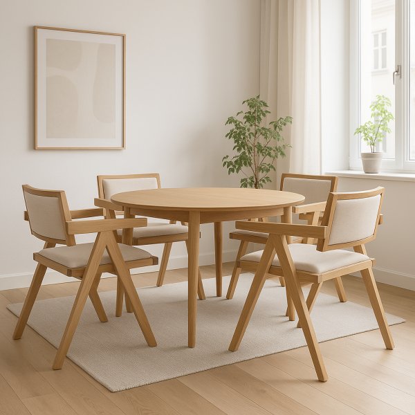 Ruokailuryhm Genova 110-160 cm ljytty tammea, ja 4 Sara-nojatuolia tammea ja pellavaa