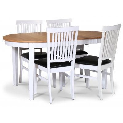 Fårö ruokaryhmä; ruokapöytä 160/210x90 cm - Valkoinen/öljytty tammi ja 4 Fårö-tuolia mustalla PU-istuimella