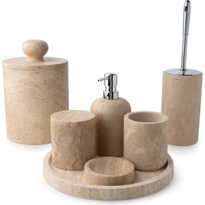 Beige travertiinimarmorinen kylpyhuonesetti, 7 osaa Beige travertiinimarmorinen kylpyhuonesetti, 7 osaa