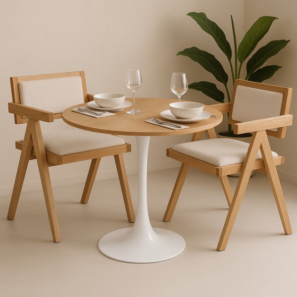 Ruokailuryhm� Sumner �80 cm tammi/valkoinen, 2 Sara-nojatuolia tammi- ja pellavav�rill�