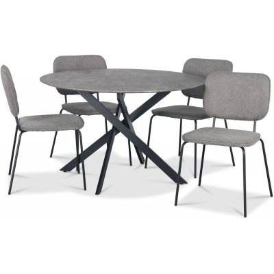 Hogrän ruokailuryhmä Ø120 cm betonijäljitelmäpöytä + 4 harmaata Lokrume tuolia