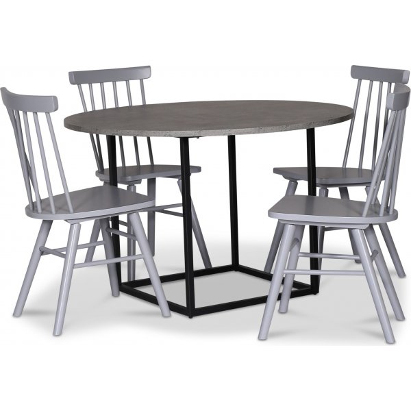 Sintorp ruokailuryhm, pyre ruokapyt 115 cm sis. 4 Orust tappituolia - Betoni (laminaatti) + Huonekalujen jalat