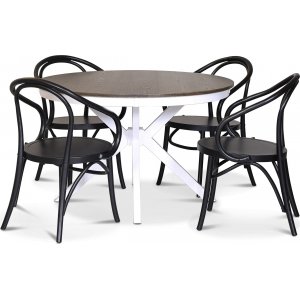 Skagen elintarvikeryhmä; pyöreä ruokapöytä 120 cm - Valkoiseksi/ruskeaksi petsattu tammi ja 4 Danderyd No.30 tuolia Musta Skagen elintarvikeryhmä; pyöreä ruokapöytä 120 cm - Valkoiseksi/ruskeaksi petsattu tammi ja 4 Danderyd No.30 tuolia Musta
