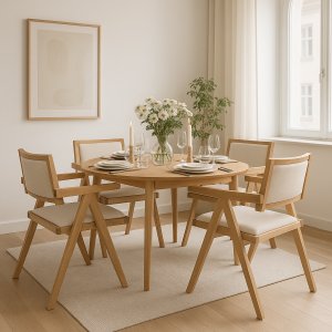 Ruokailuryhmä Genova Ø110-160 cm öljyttyä tammea, ja 4 Sara-nojatuolia tammea ja pellavaa Ruokailuryhmä Genova Ø110-160 cm öljyttyä tammea, ja 4 Sara-nojatuolia tammea ja pellavaa