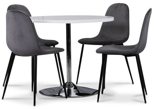Tiana-ruokailuryhmä, pyöreä pöytä ja 4 kpl Carisma-samettituolia - Valkoinen/Harmaa Tiana-ruokailuryhmä, pyöreä pöytä ja 4 kpl Carisma-samettituolia - Valkoinen/Harmaa
