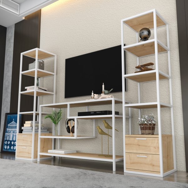 Robbins mediapenkki hyllyillä - Valkoinen/tammi Robbins mediapenkki hyllyillä - Valkoinen/tammi