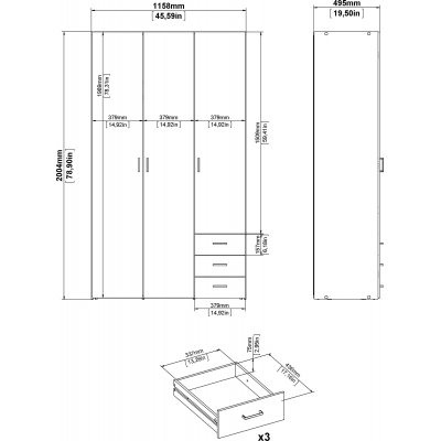 Tilava vaatekaappi, jossa 3 ovea ja 3 laatikkoa - valkoinen