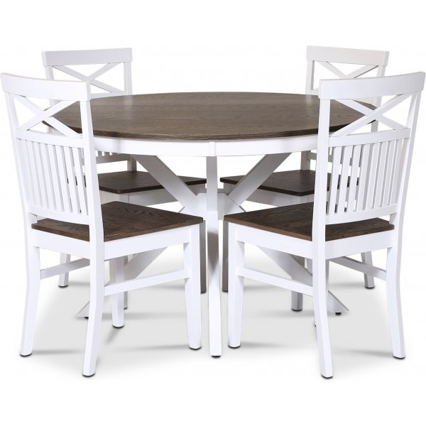 Skagen elintarvikeryhm; pyre ruokapyt 120 cm - Valkoinen/ruskea ljytty tammi ja 4 Skagen-tuolia (Risti takana) ruskealla