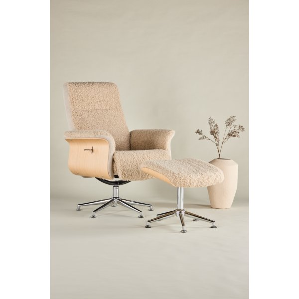 Nojatuoli jalkarahilla - Beige lampaannahkajäljitelmä/öljytty tammi + Huonekalujen puhdistus Nojatuoli jalkarahilla - Beige lampaannahkajäljitelmä/öljytty tammi + Huonekalujen puhdistus