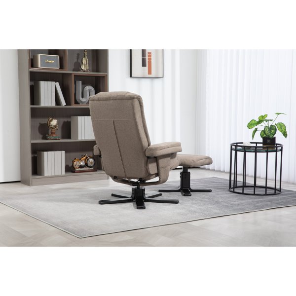 Oslon lepotuoli jakkaralla tummaa beigeä kangasta Oslon lepotuoli jakkaralla tummaa beigeä kangasta