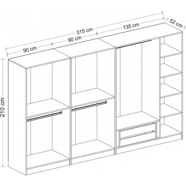 Cavolo vaatekaappi 315x52x210 cm, variantti A - ruskea Cavolo vaatekaappi 315x52x210 cm, variantti A - ruskea
