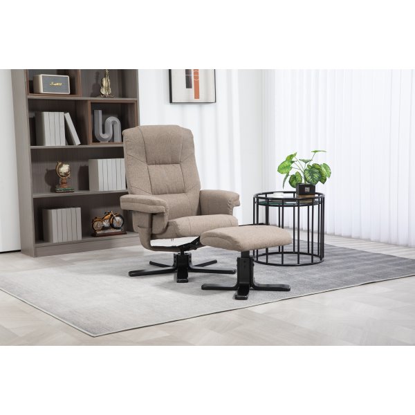 Oslon lepotuoli jakkaralla tummaa beigeä kangasta Oslon lepotuoli jakkaralla tummaa beigeä kangasta