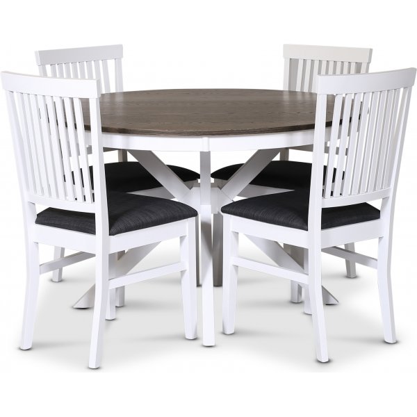 Skagen elintarvikeryhm; pyre ruokapyt 120 cm - Valkoinen/ruskea ljytty tammi ja 4 Fr-tuolia (selknojat) harmaalla kang