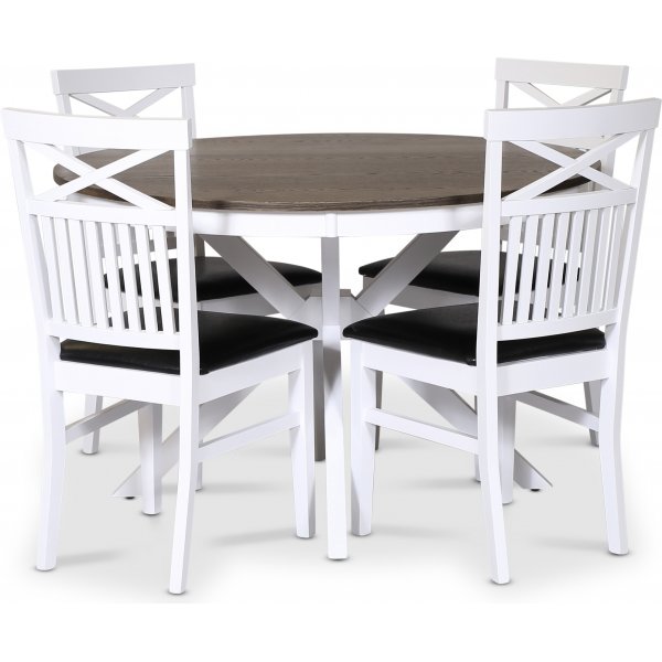 Skagen elintarvikeryhm; pyre ruokapyt 120 cm - Valkoinen/ruskea ljytty tammi ja 4 Fr-tuolia (Risti takana) mustalla PU-