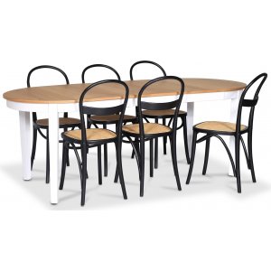 Ruokailuryhmä; Pöytä 160-210 cm - Valkoinen / Öljytty tammi 6 tuolin kanssa - Fårö Ruokailuryhmä; Pöytä 160-210 cm - Valkoinen / Öljytty tammi 6 tuolin kanssa - Fårö