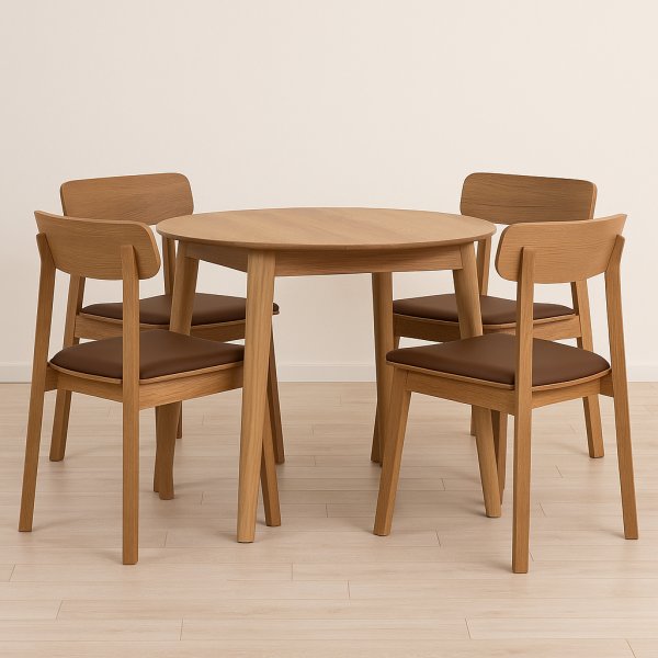 Ruokailuryhm Genova 90-130x90 cm ljytty tammea, 4 Kleppen-tuolia tammea ja ruskeaa polyuretaania