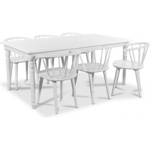 Nomi-ruokailuryhmä, 180 cm ruokapöytä ja 6 kpl valkoista Fredrik-pinnatuolia Nomi-ruokailuryhmä, 180 cm ruokapöytä ja 6 kpl valkoista Fredrik-pinnatuolia