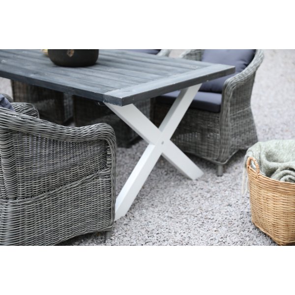 Oxfordin ulkoruokailuryhm; harmaa/valkoinen pyt 220 cm sis. 6 Mercury-nojatuolit harmaa synteettinen rottinki