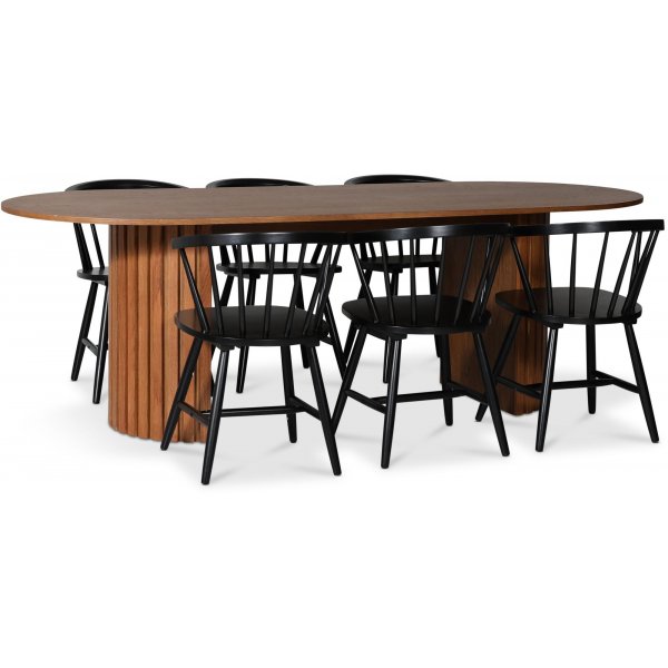 PiPi ruokailuryhmä 230 cm sis. 6 Fårö mustarunkoista tuolia - pähkinä PiPi ruokailuryhmä 230 cm sis. 6 Fårö mustarunkoista tuolia - pähkinä