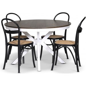 Skagen elintarvikeryhmä; pyöreä ruokapöytä 120 cm - Valkoiseksi/ruskeaksi petsattu tammi ja 4 Danderyd No.16 tuolia Musta Skagen elintarvikeryhmä; pyöreä ruokapöytä 120 cm - Valkoiseksi/ruskeaksi petsattu tammi ja 4 Danderyd No.16 tuolia Musta