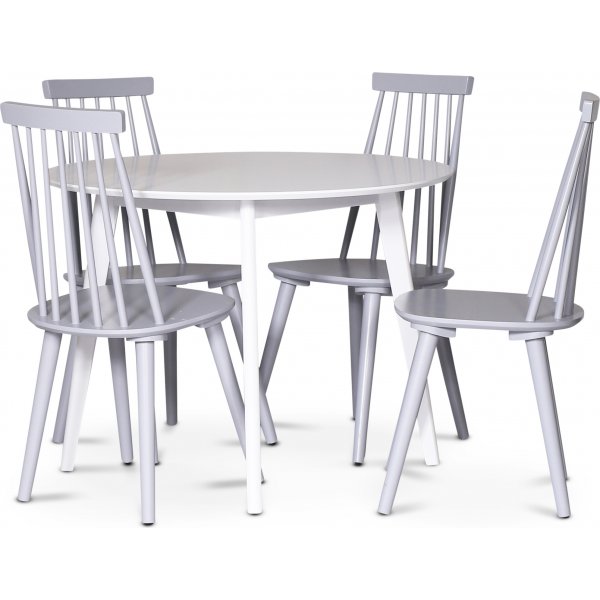 Sandhamn elintarvikeryhm�; Py�re� ruokap�yt� ja 4 harmaata Dalsland-ruoko-tuolia