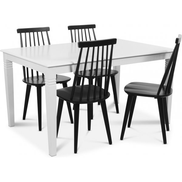 Mellby ruokailuryhm 140 cm pyt ja 4 mustaa Dalsland tappituolia - valkoinen/musta