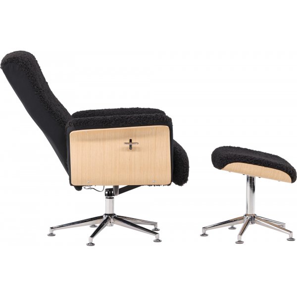 Hagön lepotuoli jalkarahilla - Musta lampaannahkajäljitelmä/öljytty tammi + Huonekalujen puhdistus Hagön lepotuoli jalkarahilla - Musta lampaannahkajäljitelmä/öljytty tammi + Huonekalujen puhdistus